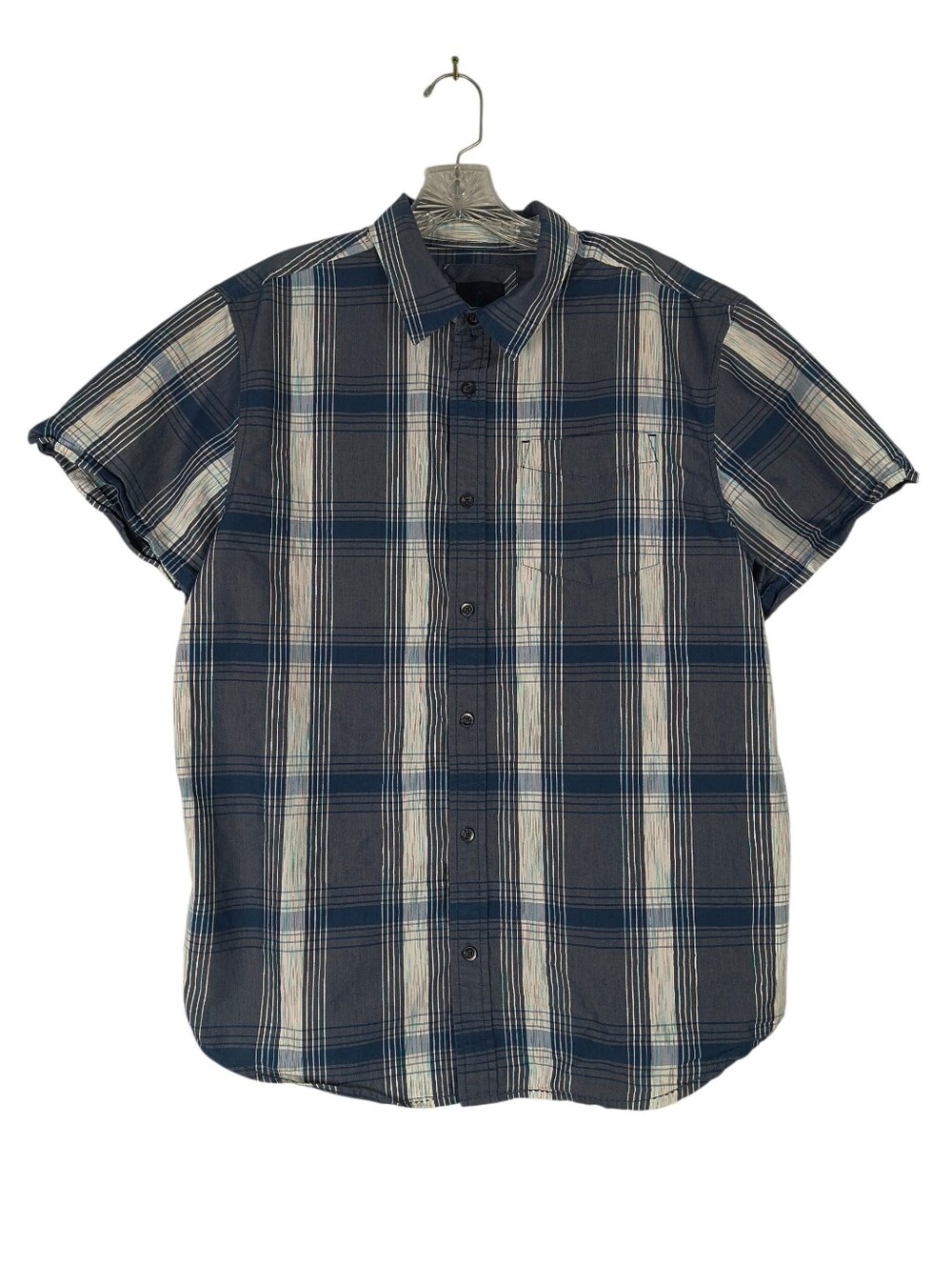 Prana Button Down Men's L Blue Plaid Tamrack Organic Cotton Blend Short Sleeve